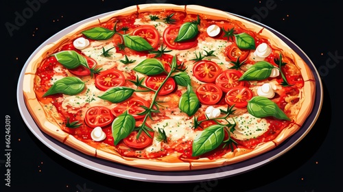  a pizza with tomatoes, cheese and basil on a plate. generative ai