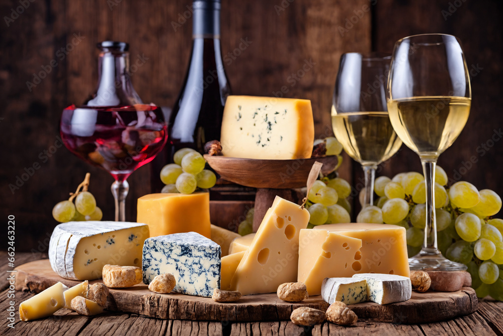 Naklejka premium Wine, cheeses and grapes in a vintage setup. Generative Ai.