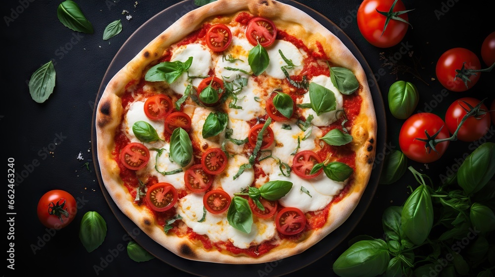  a pizza with tomatoes, cheese and basil on a plate.  generative ai