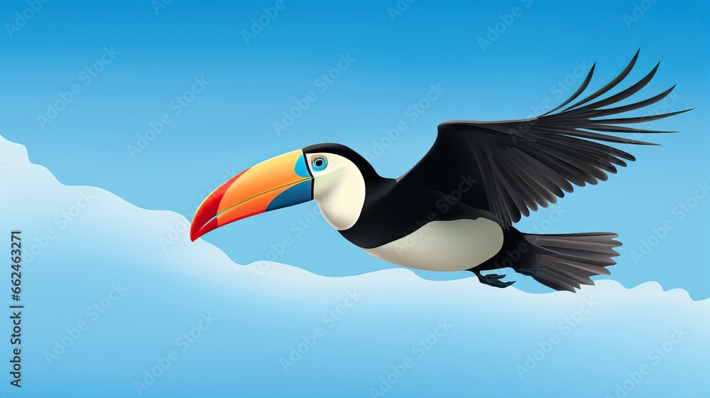 Naklejka premium a cartoon toucan flying in the sky with its wings spread. generative ai