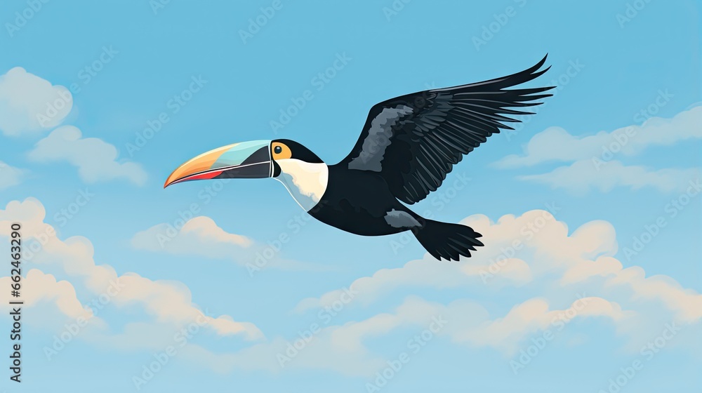 a bird with a colorful beak flying through the air with clouds in the background. generative ai a bird with a colorful beak flying through the air with clouds in the background. generative ai