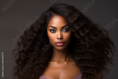 Beauty portrait of a black female model with flawless skin an beautiful hair. black background. black hair