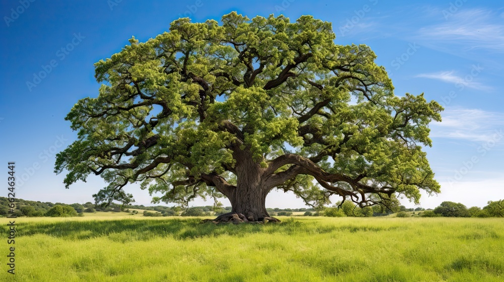 Obraz premium a large tree in the middle of a field of grass. generative ai