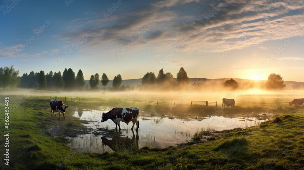 Dew-kissed Meadow at Dawn: A Panoramic Glimpse of Grazing Cows Amidst Morning Mist Dew-kissed Meadow at Dawn: A Panoramic Glimpse of Grazing Cows Amidst Morning Mist