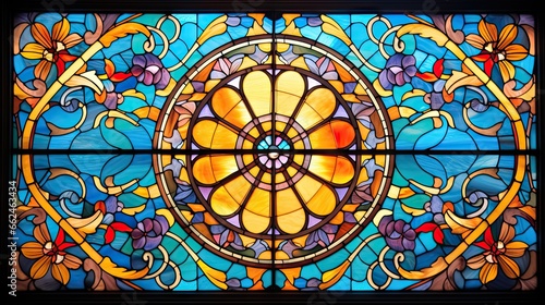  a stained glass window with a flower design on the glass. generative ai