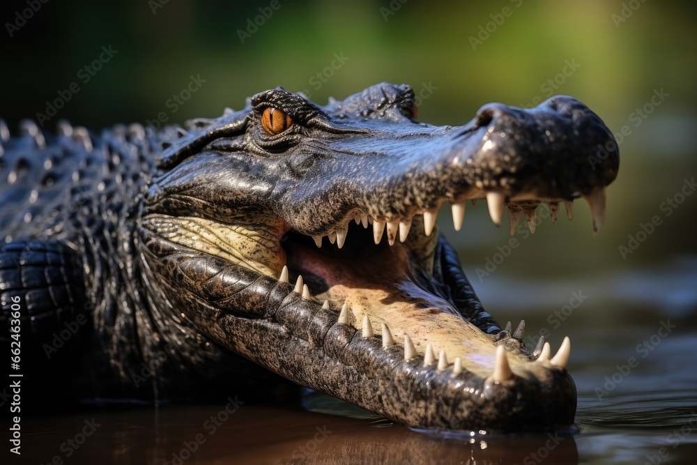 Fototapeta premium Crocodile in the water with open mouth and teeth, Closeup of a Black Caiman profile with open mouth against defocused background at the water edge, AI Generated
