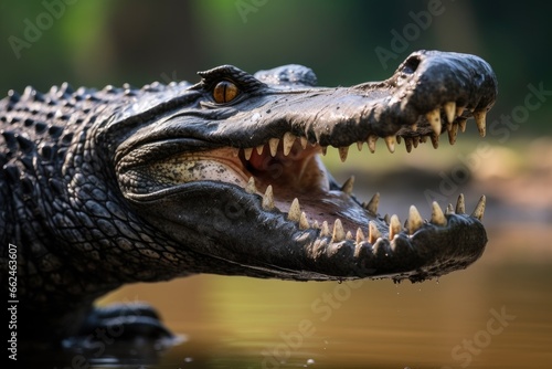 Crocodile with open mouth in natural habitat  Thailand  Closeup of a Black Caiman profile with open mouth against defocused background at the water edge  AI Generated