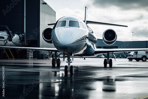 Airplane at the airport in cloudy day. Toned image, Closeup of a business jet parked outside, AI Generated