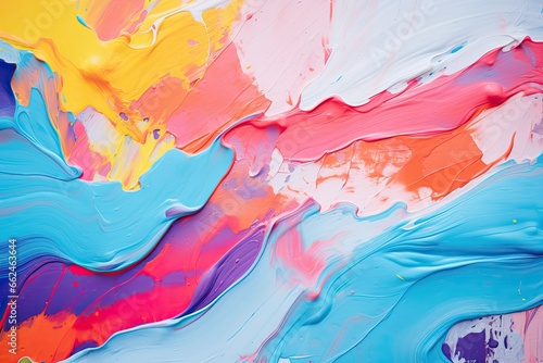 Abstract background of acrylic paint in blue, orange, pink and yellow colors, Closeup of abstract rough colorful multicolored art painting texture, AI Generated