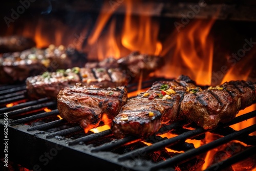 Beef steaks on a barbecue grill with flames in the background, Closeup of barbecues cooking grilling on charcoal, top section cropped, AI Generated