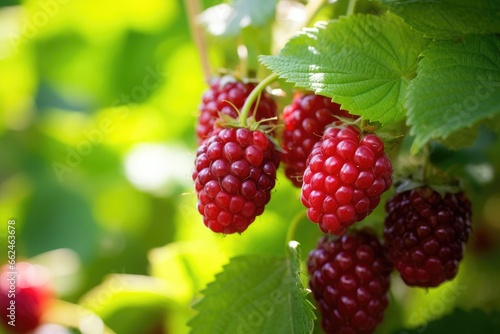 Ripe red raspberries on a branch in the garden, closeup of loganberry plant with ripe loganberries growing in organic garden, AI Generated