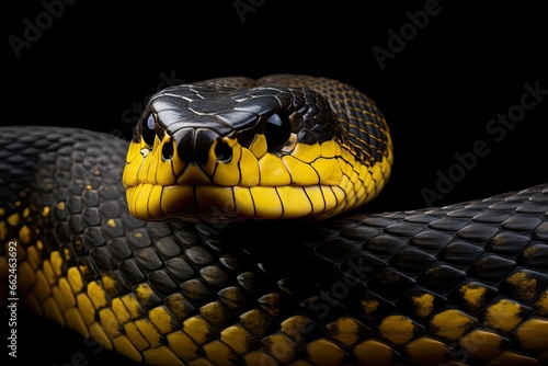 Close up of the head of a black and yellow striped snake on black background, Closeup of wild black yellow snake isolated on fl, AI Generated