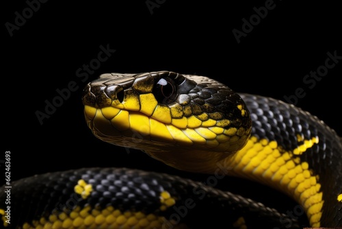 Close up of the head of a yellow snake on black background, Closeup of wild black yellow snake isolated on fl, AI Generated