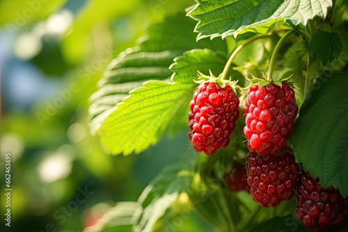 Ripe red raspberries on a branch with green leaves  closeup of loganberry plant with ripe loganberries growing in organic garden  AI Generated