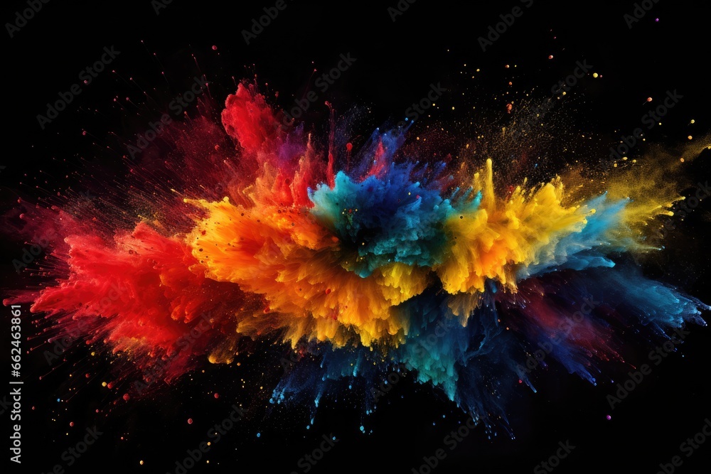 Explosion of colored powder, isolated on black background. Abstract colored background, color dust splash on a dark black background, AI Generated - obrazy, fototapety, plakaty 
