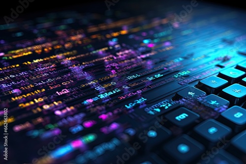 Computer keyboard with numbers and letters. 3d rendering toned image, Coding programming developing typing script source languages symbols project data showing in screen close up, AI Generated