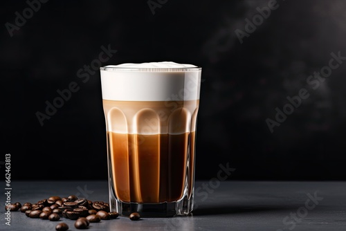 Coffee latte in a tall glass with coffee beans on a dark background, Coffee with milk in a glass on a gray background, AI Generated photo