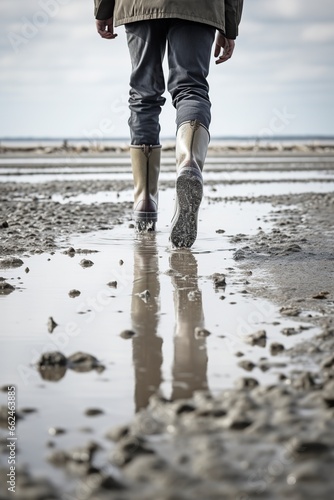 man walking in rubber boots in the Wadden Sea photo
