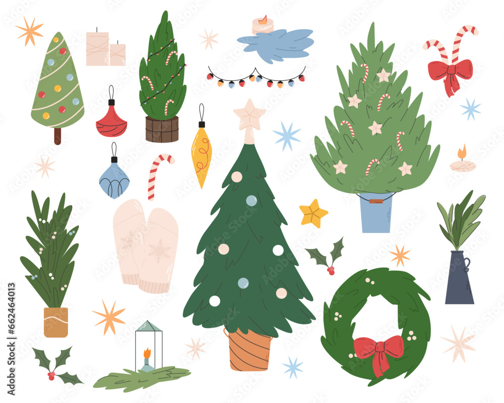 collection of Christmas illustrations with decorations, festive decorations, winter candles, a wreath, Christmas trees, garlands and toys. Colorful vector illustration in a flat cartoon style collection of Christmas illustrations with decorations, festive decorations, winter candles, a wreath, Christmas trees, garlands and toys. Colorful vector illustration in a flat cartoon style