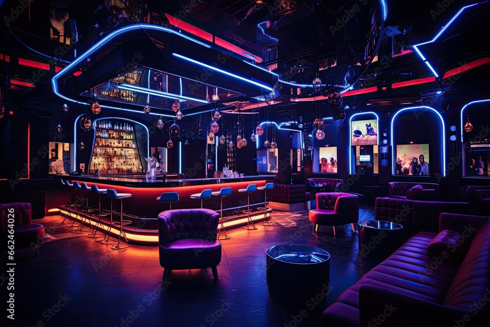 Interior of a night club with neon lights and red chairs, colorful interior of bright and beautiful night club with dark seats and glowing lights, AI Generated