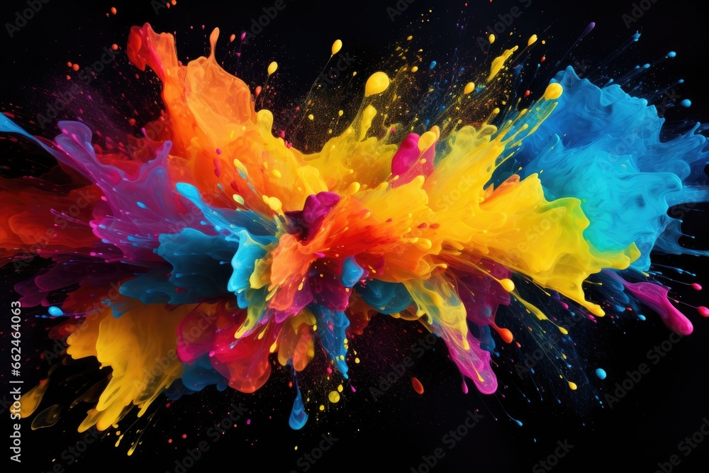Colorful paint splashes isolated on black background. Abstract background, Colorful paint splashes and blots on black background, AI Generated