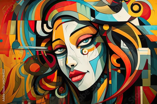 Abstract colorful illustration of the face of a beautiful woman on a colorful background, Colorful illustration of cubism style, hand drawn & artistic, AI Generated photo