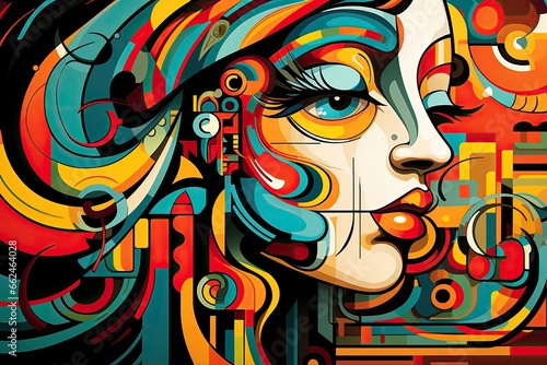 Vector illustration of beautiful woman face on colorful background with abstract elements  Colorful illustration of cubism style  hand drawn   artistic  AI Generated
