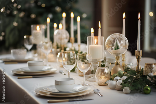 Christmas Eve table with two types of candles and snow globe lamps, empty plates with cutlery and vine glasses on a white cloth. White and gold, green colour scheme. Lovely and warm design.