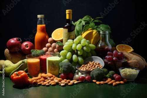 Composition with variety of healthy products on dark background. Balanced diet, Composition with food products rich in niacin, AI Generated