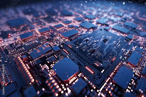A circuit board covered in frost and snow  adorned with glowing components  revealing the fusion of technology and wintry wonder.
