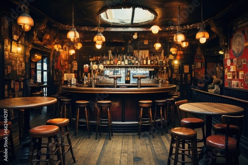Interior of a pub with wooden tables and chairs. Toned, Concept of pub culture and drinking, AI Generated photo