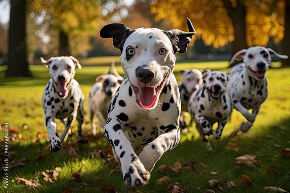 Group of dalmatian dogs running in the park in autumn, Cute funny dalmatian dogs group running and playing on green grass in park in autum, AI Generated Group of dalmatian dogs running in the park in autumn, Cute funny dalmatian dogs group running and playing on green grass in park in autum, AI Generated