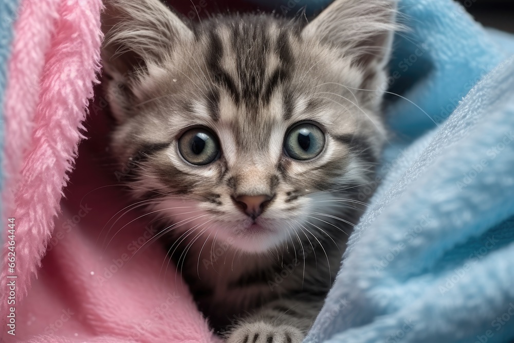 Cute little bengal kitten with blue eyes lying on blue blanket, cute wet gray tabby cat kitten after bath wrapped in pink towel with blue eyes, AI Generated