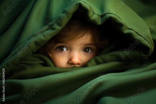Portrait of a cute little girl hiding under a green blanket, Cute little baby girl is hiding under a green blanket in bed, AI Generated