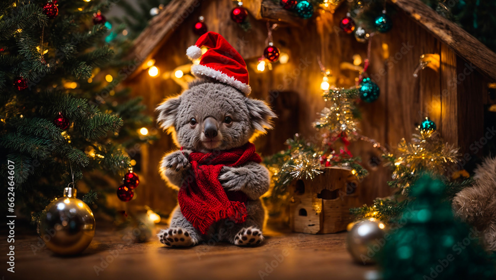 Cute cartoon koala wearing santa hat at home Cute cartoon koala wearing santa hat at home