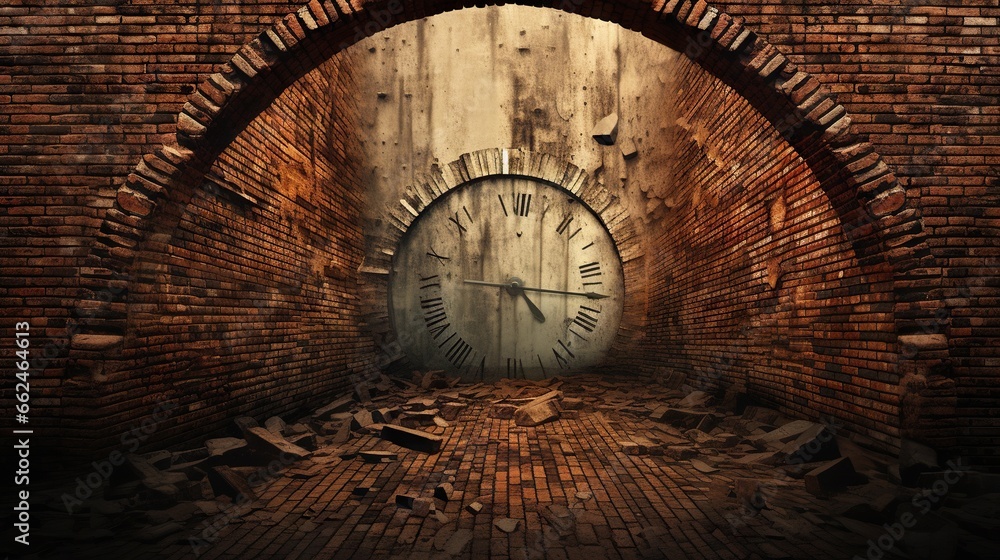  a large clock sitting in the middle of a brick tunnel.  generative ai