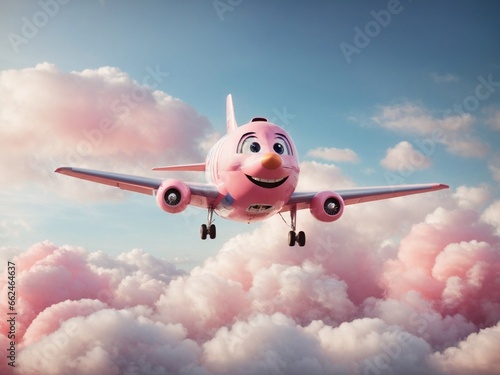 A whimsical  cartoonish airplane with a smiling face