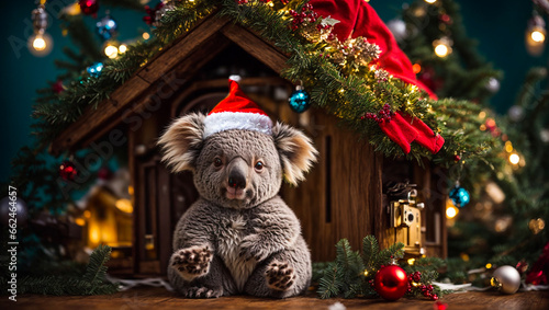 Cute cartoon koala wearing santa hat at home © tanya78