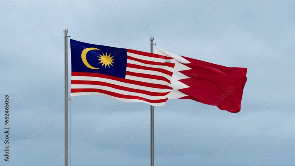 Bahrain flag and Malaysia flag waving together on cloudy sky, endless seamless loop, two country relations concept Bahrain flag and Malaysia flag waving together on cloudy sky, endless seamless loop, two country relations concept
