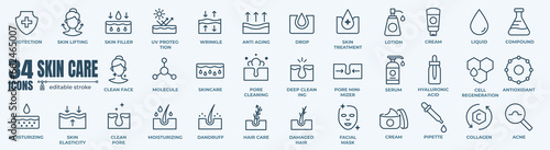 Skin care, Moisture cream, collagen minimal thin line web icon set. Outline editable icons collection. Simple vector illustration.