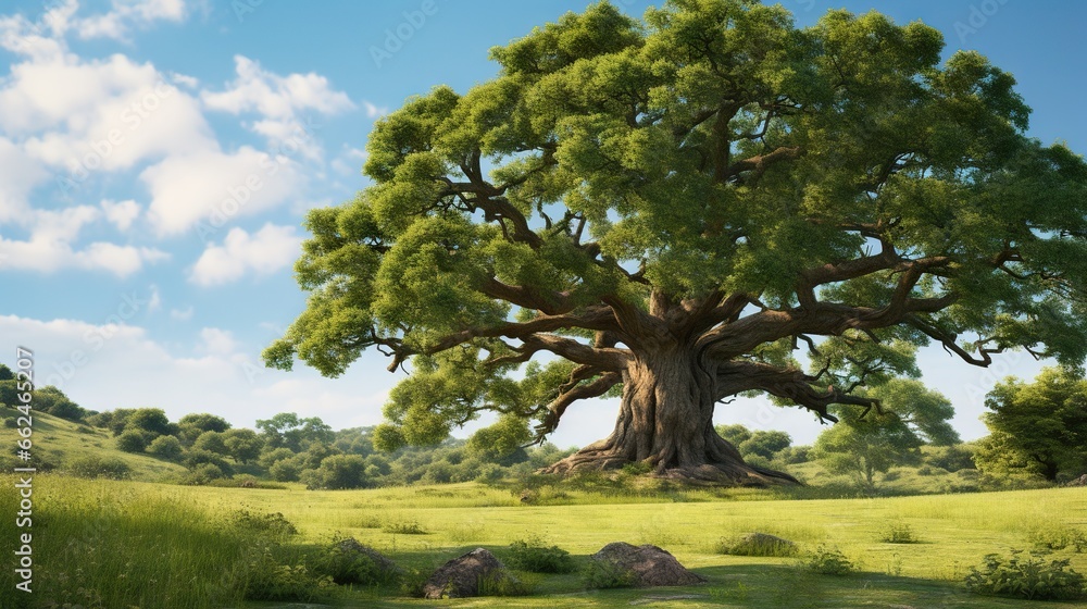  a large tree in the middle of a grassy field with rocks.  generative ai