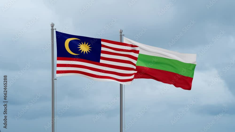 Bulgaria flag and Malaysia flag waving together on cloudy sky, endless seamless loop, two country relations concept Bulgaria flag and Malaysia flag waving together on cloudy sky, endless seamless loop, two country relations concept