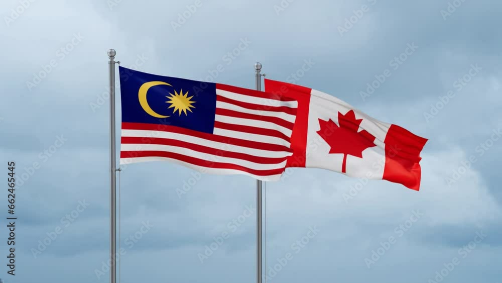 Canada and Malaysia flag waving together on cloudy sky, endless seamless loop, two country cooperation concept Canada and Malaysia flag waving together on cloudy sky, endless seamless loop, two country cooperation concept