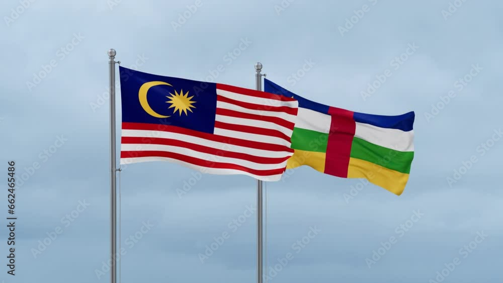 Central African Republic flag and Malaysia flag waving together on cloudy sky, endless seamless loop, two country relations concept Central African Republic flag and Malaysia flag waving together on cloudy sky, endless seamless loop, two country relations concept