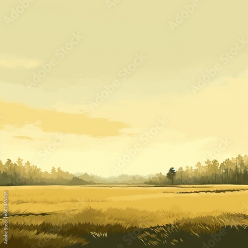  a painting of a field with trees in the background and a yellow sky.  generative ai