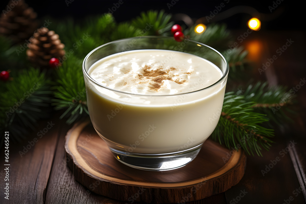 Festive Christmas eggnog with ingredients on a rustic wooden table Festive Christmas eggnog with ingredients on a rustic wooden table