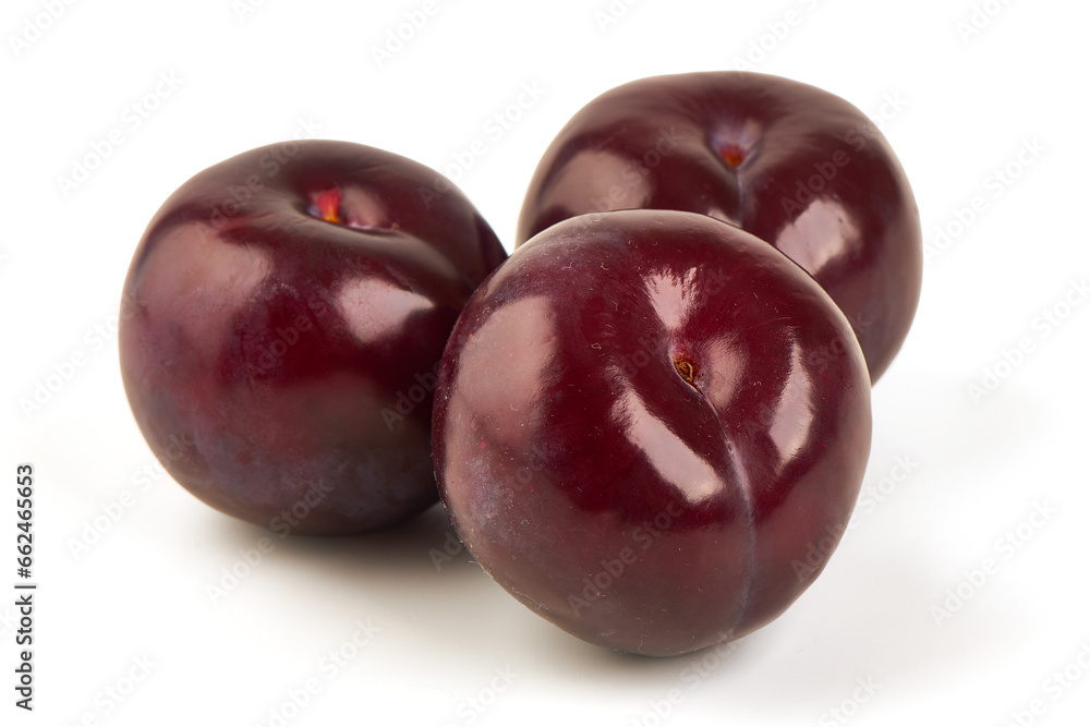 Red plum fruit, isolated on white background.