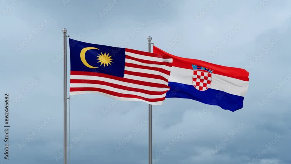 Croatia and Malaysia flag waving together on cloudy sky, endless seamless loop, two country cooperation concept Croatia and Malaysia flag waving together on cloudy sky, endless seamless loop, two country cooperation concept