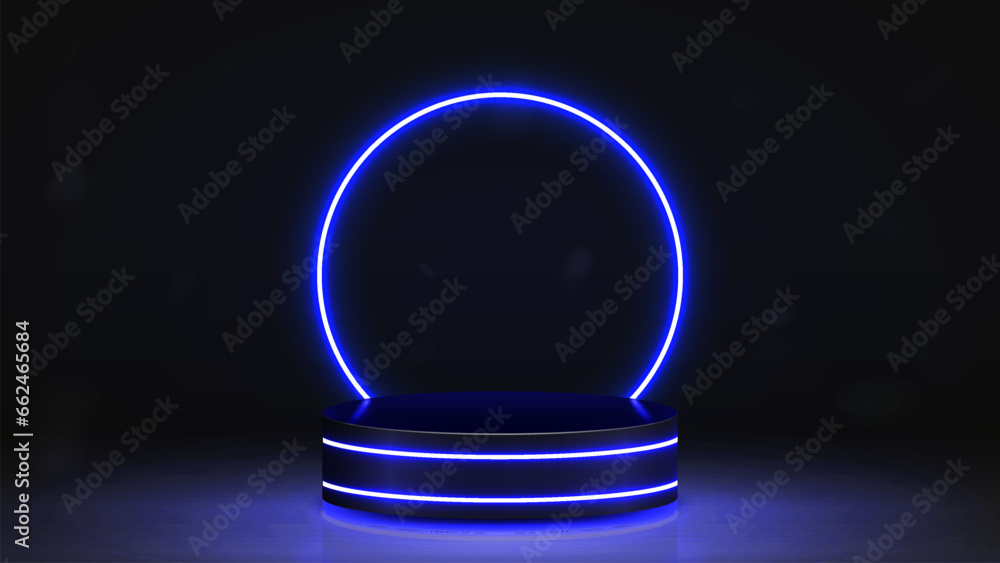 An empty 3d podium with a neon glowing shiny blue frame on a dark background. The platform is in the room. An empty 3d podium with a neon glowing shiny blue frame on a dark background. The platform is in the room.