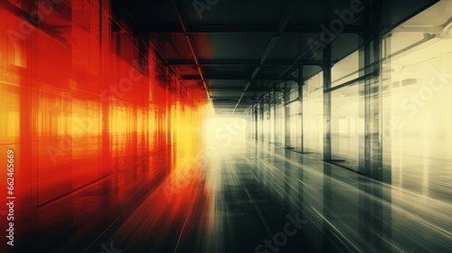 A long hallway with red and yellow walls